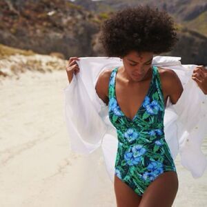 Land's End one piece swim suit convertible black turquoise hibiscus floral Var